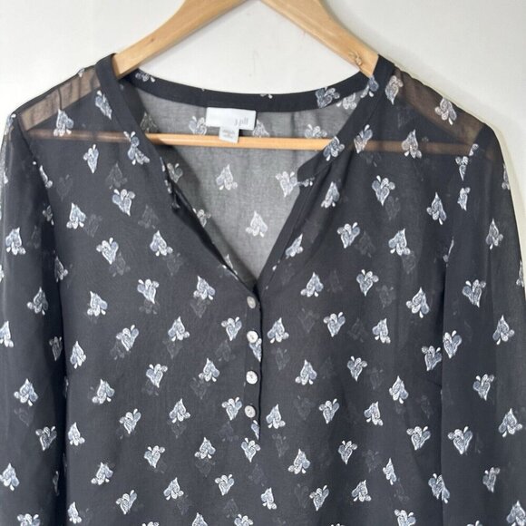 J Jill Sheer Mini Dress Sz Mp Geometric Black 3/4 Sleeve V Neck Cover Up Beachy - Picture 4 of 12